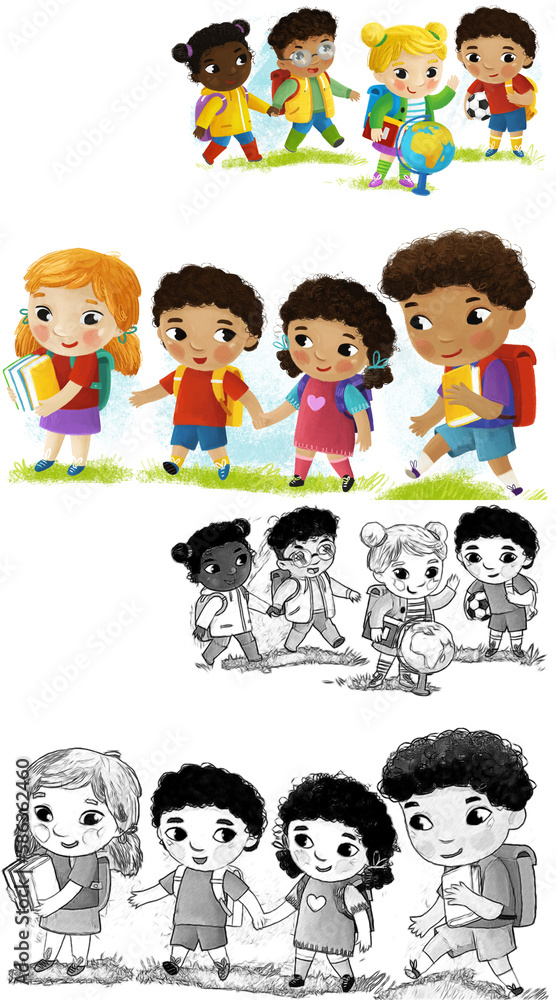 cartoon scene with school kids pupils together having fun learning on white background illustration for children