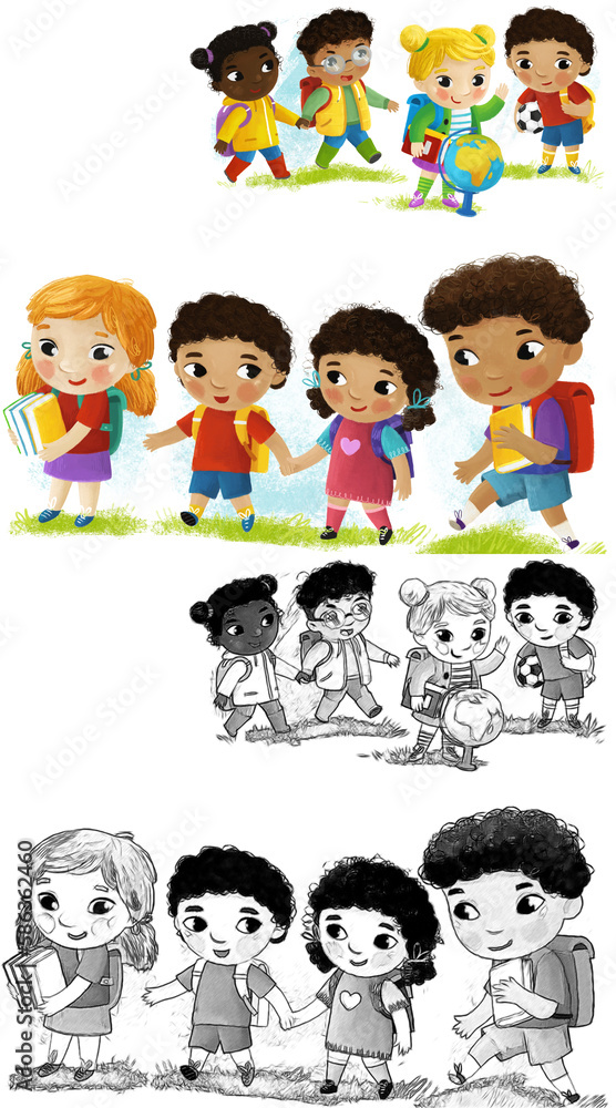cartoon scene with school kids pupils together having fun learning on white background illustration for children cartoon scene with school kids pupils together having fun learning on white background illustration for children