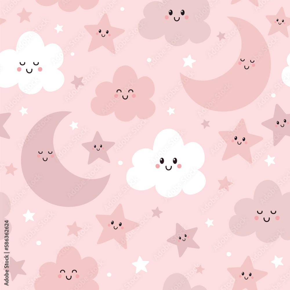 Seamless pattern with cute moon, clouds and stars. Sleeping moon, baby texture on pink background. Vector illustration. It can be used for wallpapers, wrapping, cards, patterns for clothes and other.