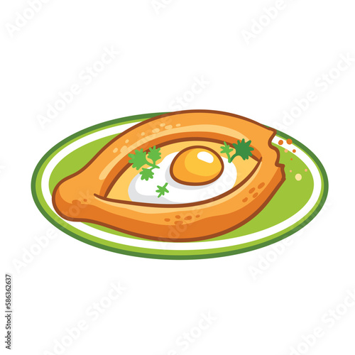 Khachapuri with egg lies on a beautiful plate on a white background.