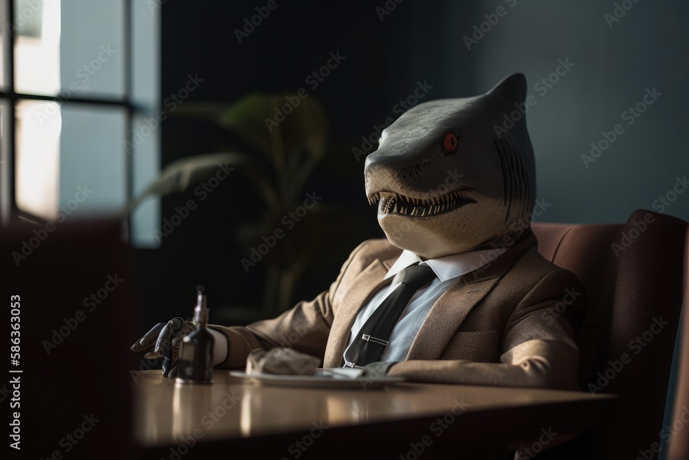 Naklejka premium Portrait of a Loan Shark dressed in a formal business suit, sitting at his office. generative ai 