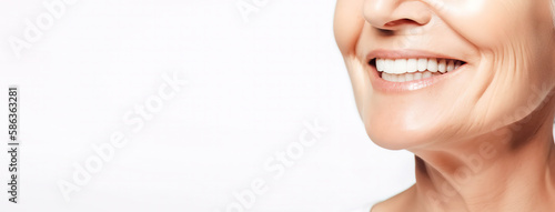 Banner tooth whitening, perfect white teeth elderly woman close up, female veneer toothy smile, dental care and stomatology, dentistry, copyspace for text. generative ai.