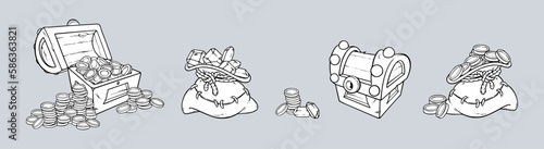 Treasure chest and bag. Chests with coins and gem stones, money bags for games. Vector illustration isolated in grey background