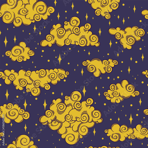 Tarot seamless pattern with stars and clouds. Tarot aesthetic tile wallpaper. Vector illustration on dark background