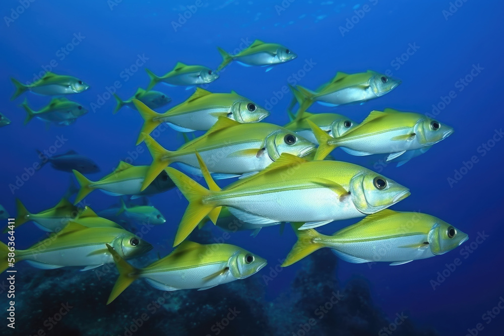 Fototapeta premium Yellow fishes in the ocean Generative AI
