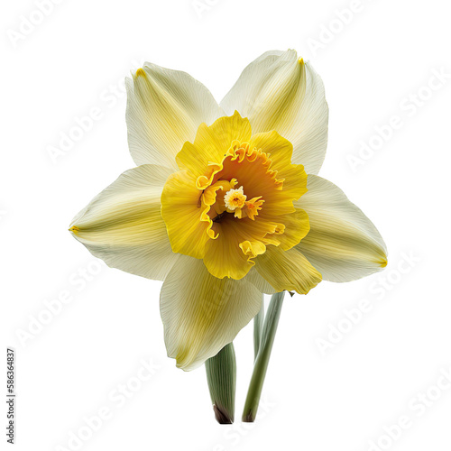 a spring-themed top view illustration featuring isolated white and yellow daffodil flowers set on a transparent background and provided in PNG. Generative AI