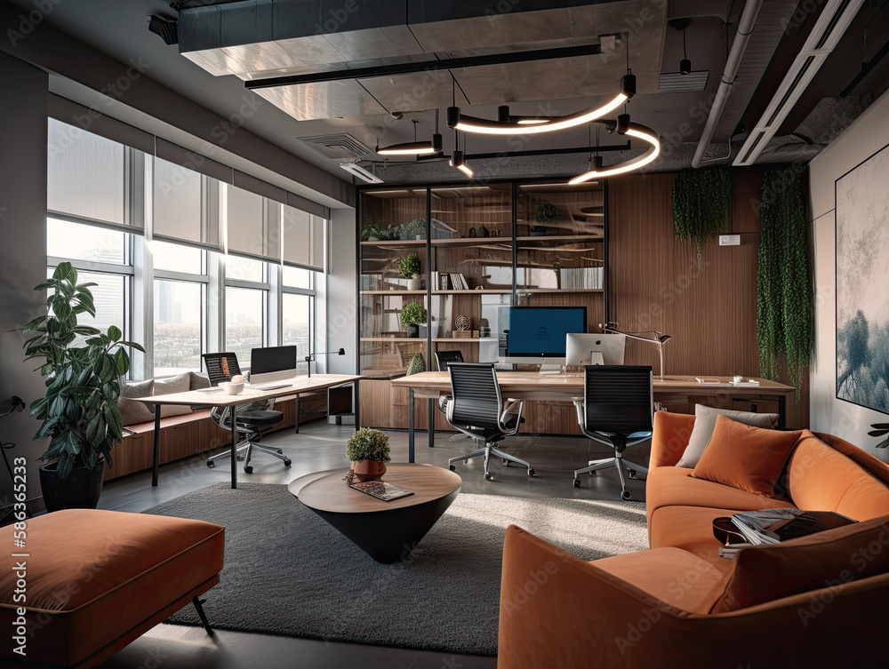 This office is designed to enhance creativity and productivity with its minimalist style, ample natural light, vibrant decor, and discreetly placed smart home technology.