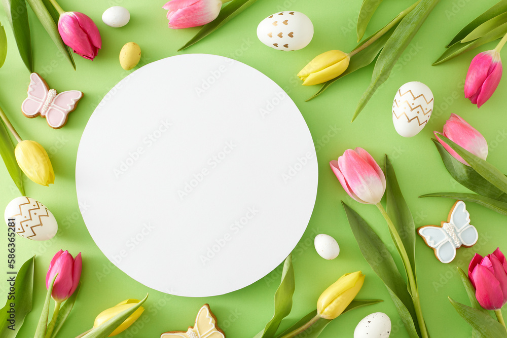 Easter celebration idea. Top view composition of white circle colorful easter eggs butterfly cookies and tulips flowers on light green background with blank space