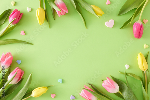 Top view composition of colorful tulips flowers and hearts baubles on isolated light green background with empty space in the middle. Happy Mother's Day concept