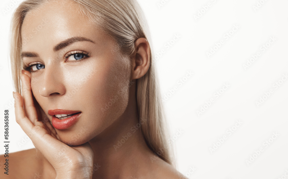 Beauty. Woman 25 years, has shiny glowing skin, clean nourished body and face, looks sensual at camera, eyebrows sick with brow gel, white background Beauty. Woman 25 years, has shiny glowing skin, clean nourished body and face, looks sensual at camera, eyebrows sick with brow gel, white background