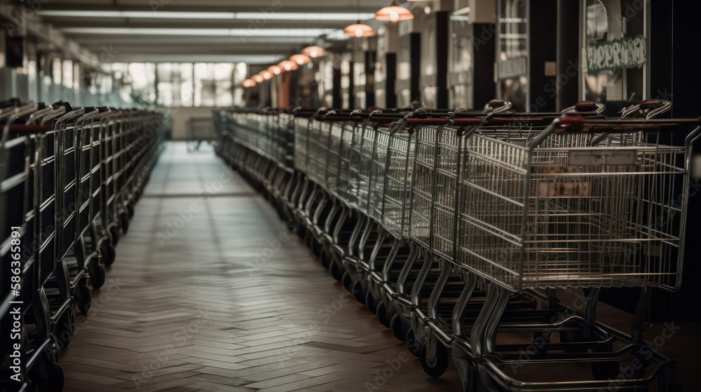 Fototapeta premium Row of carts standing inside the store before opening. generative AI