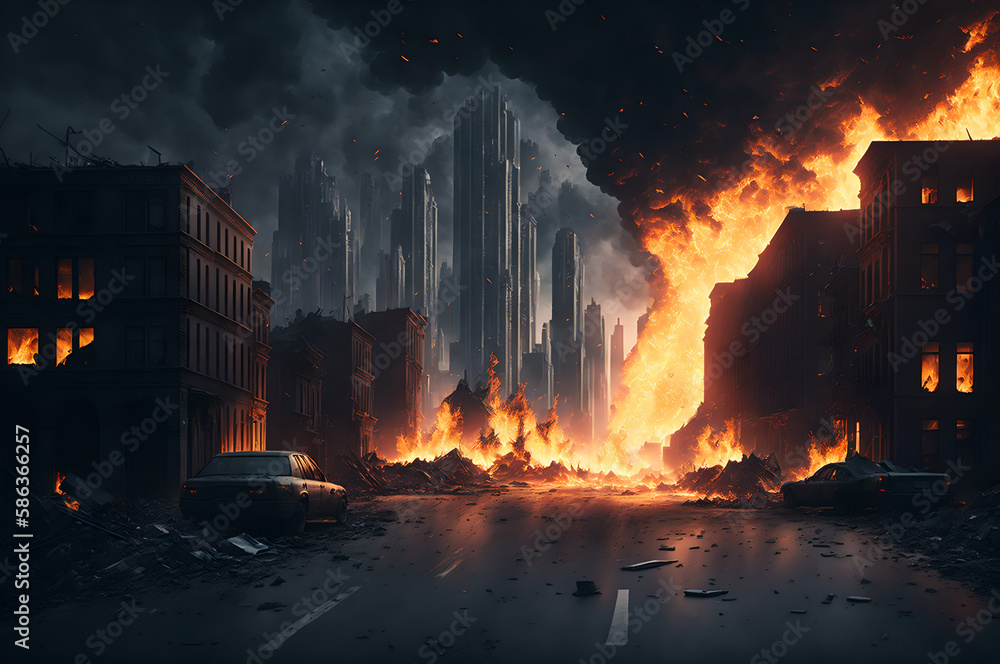 The city is burning with a lot of flames and smokes everywhere penetrating the buildings, and the streets of the city are in chaos, generative ai The city is burning with a lot of flames and smokes everywhere penetrating the buildings, and the streets of the city are in chaos, generative ai