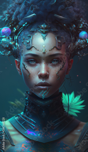 Glamorous portrait of a beautiful girl in trendy tattoos and ethereal appearance. Princesses and queens of other planets and worlds. Created using AI.