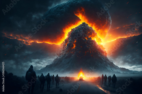 A huge volcano erupted from the mountain, a nuclear bomb exploded on a mountain which resulted in a big explosion with a lot of smoke and fire and people on the side of the road, generative ai 