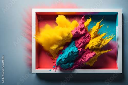 abstract powder colour frame explosion background with splashes  for displaying product  generative ai 