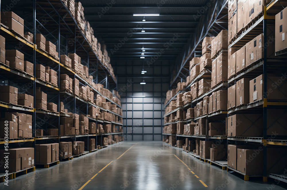 large warehouse with shelves on its sides filled up with boxes and products, generative ai 
