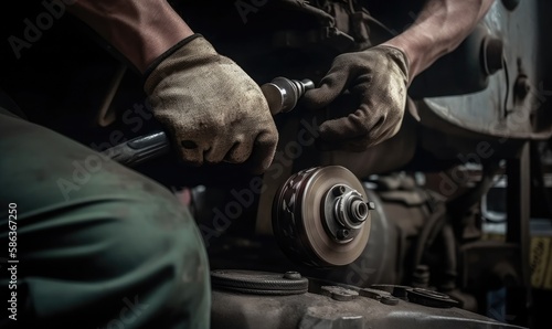 Close-up of the hands of a mechanic changing a wheel on a car with a pneumatic wrench, generative AI