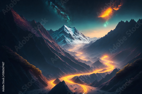Mountain with luminous roads, beautiful fantasy landscape, generative illustration ai
