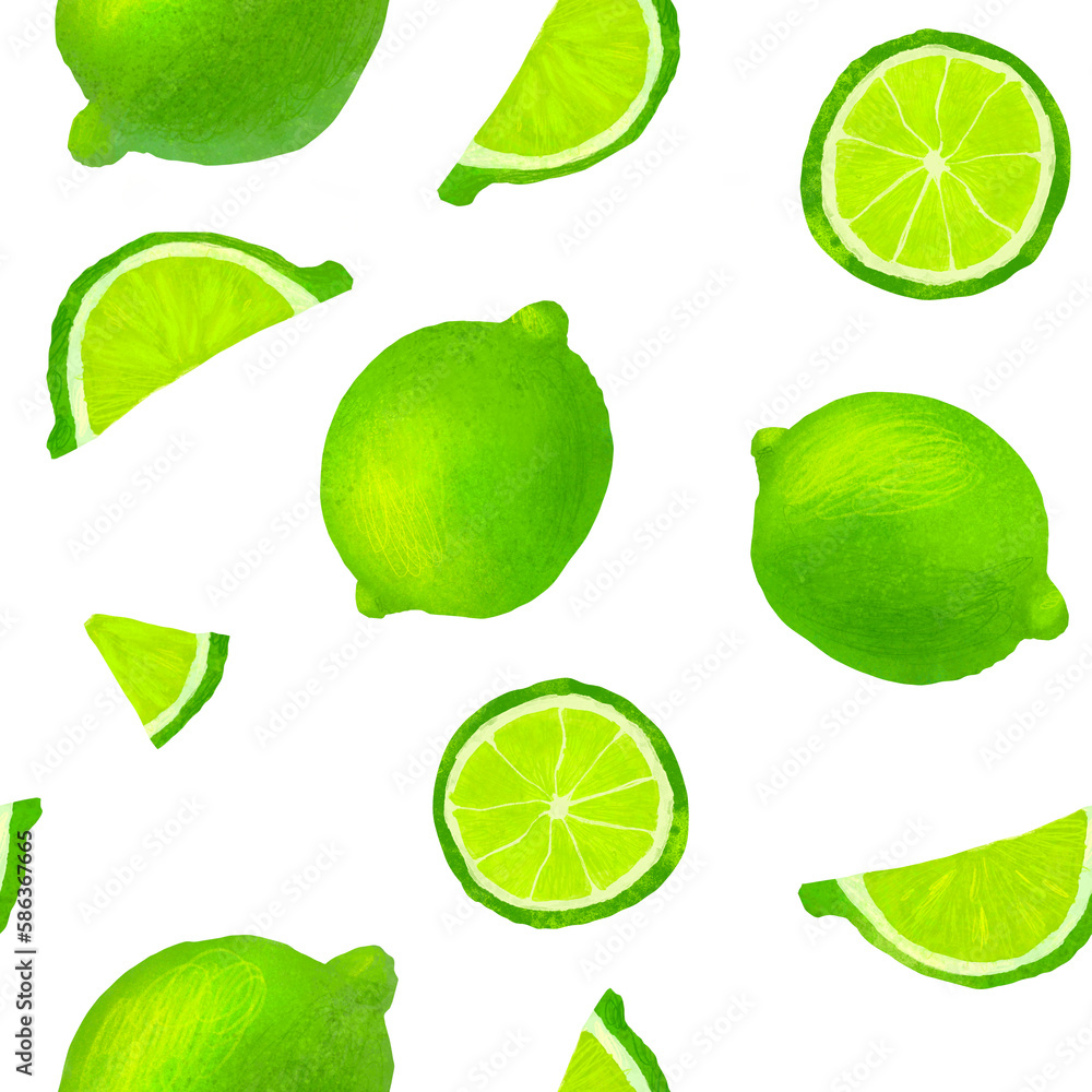 Lime seamless pattern. Lime and lime slices isolated on white background.
