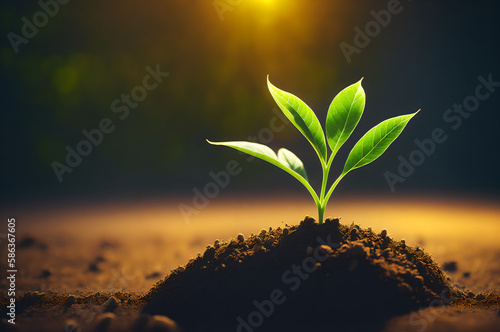 a young plant in the ground background with light, new life concept, seed growing in the soil, generative ai 
