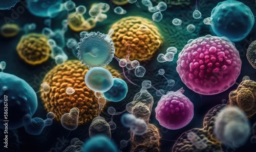 Different types of microbes, viral cells and bacteria, generative AI