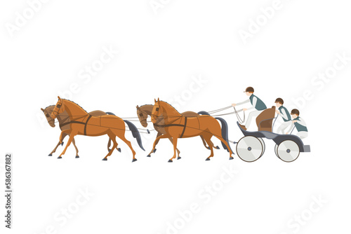 Equestrian driving, a team of four horses with a carriage, vector illustration