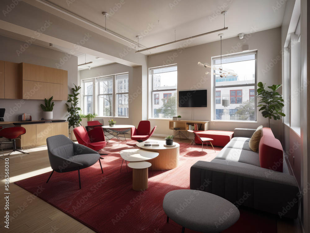 Fototapeta premium This office is designed to enhance creativity and productivity with its minimalist style, ample natural light, vibrant decor, and discreetly placed smart home technology.