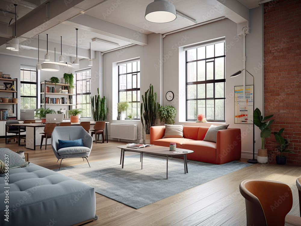 Fototapeta premium This office is designed to enhance creativity and productivity with its minimalist style, ample natural light, vibrant decor, and discreetly placed smart home technology.