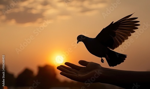 Silhouette pigeon flying out of two hand and freedom concept and international day of peace, generative AI