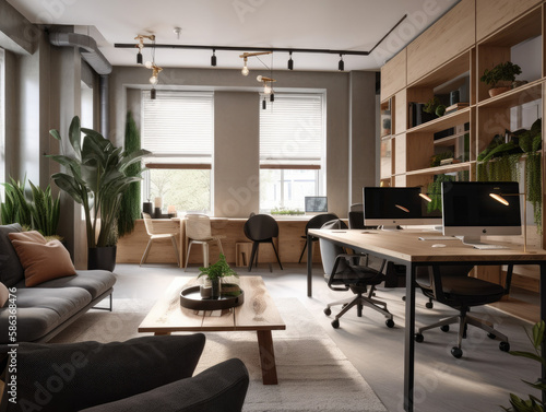This office is designed to enhance creativity and productivity with its minimalist style  ample natural light  vibrant decor  and discreetly placed smart home technology.