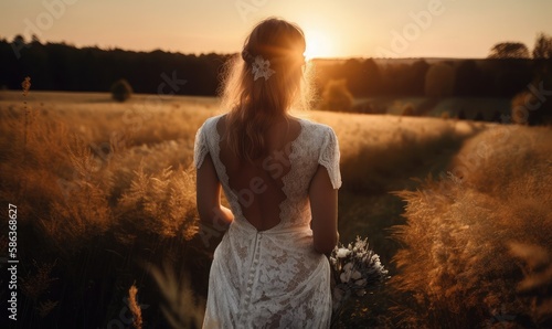 A free happy woman illuminated by the evening sun, the concept of freedom. The bride enjoys nature, generative AI
