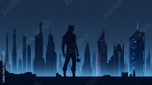 Humanoid engineer silhouette and futuristic cityscape on background. (Generative AI)