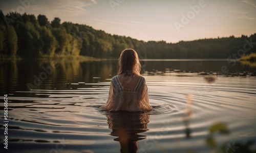 A woman enters the lake to swim, generative AI
