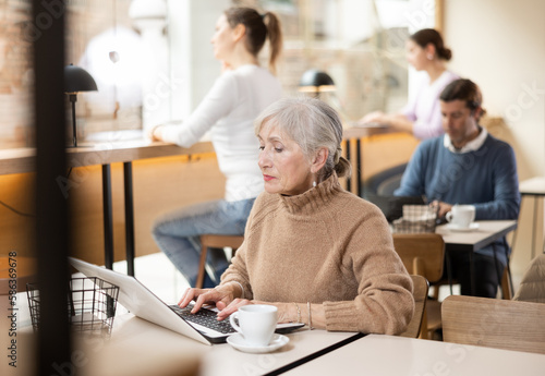 Elderly woman spending time in cozy coffeehouse with laptop and coffee