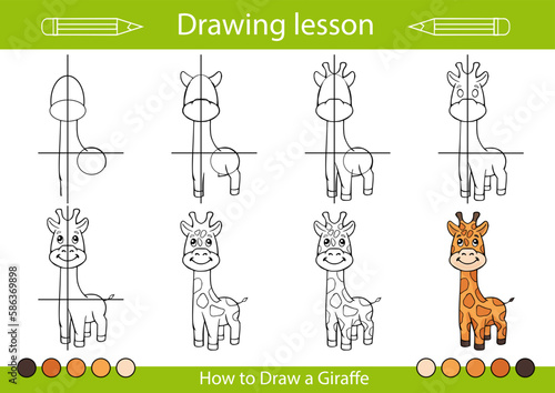 Drawing tutorial and art lesson. How to draw animals. Kids activity page. Children education step by step worksheet. Vector illustration of giraffe.