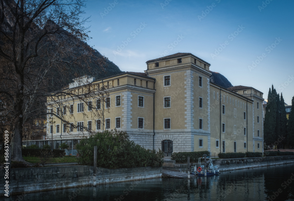 The museum building in the Italian city Riva del Garda at sunset time. January 2023