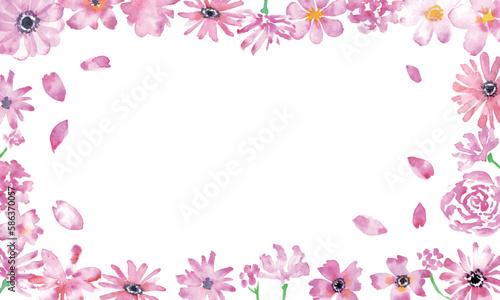 Watercolor spring petal frame. Pink hand painted background. Watercolor decorative frame of plants.