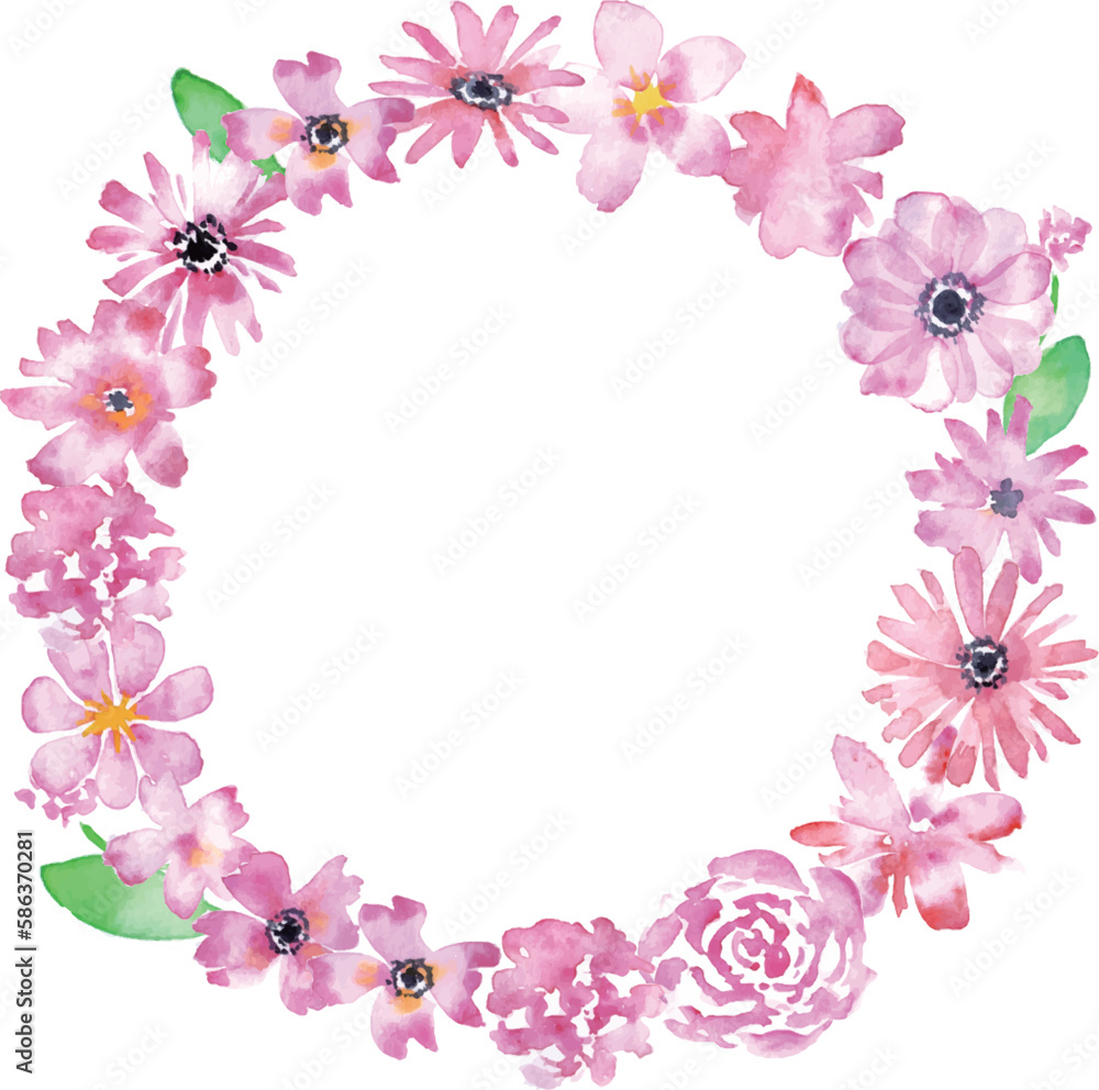 Watercolor spring petal frame. Pink hand painted background. Watercolor decorative frame of plants.