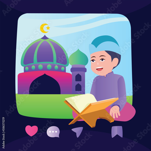 illustration vector graphic, anak kecil lucu membaca al - qur'an di bulan ramadhan  photo