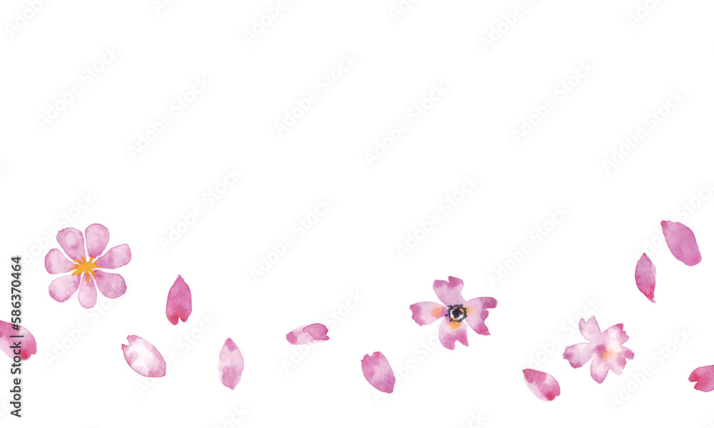 水彩で描いた春の桜花びら。風に舞う花びらイラスト。Spring cherry blossom petals in watercolor. Illustration of petals dancing in the wind.