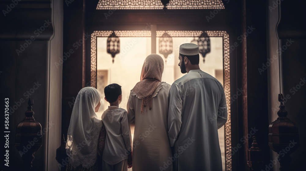 Islamic men women and children, muslim family view mosque. muslim family eid greetings back view, generative ai, Islamic men women and children, muslim family view mosque. muslim family eid greetings back view, generative ai,