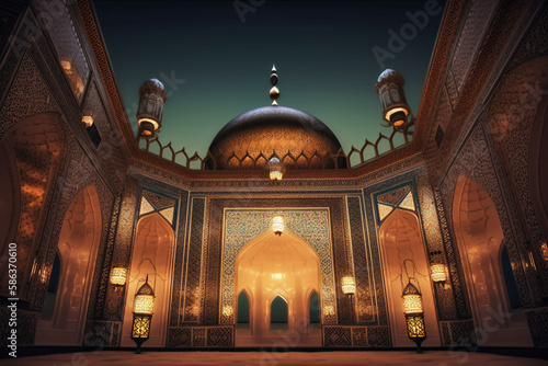 mosque at night view, islamic background, generative ai
