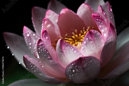 Macro photography of lotus flower with dew drops. Generative AI shot