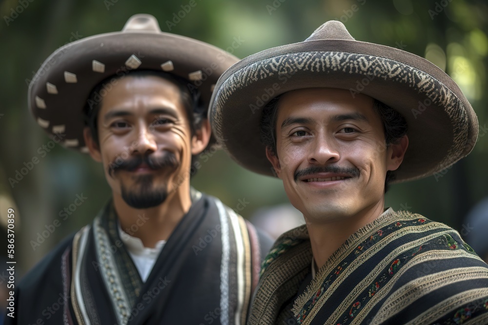 Young Mexican men looking happy at camera wearing traditional sombrero and poncho. Generative AI shot
