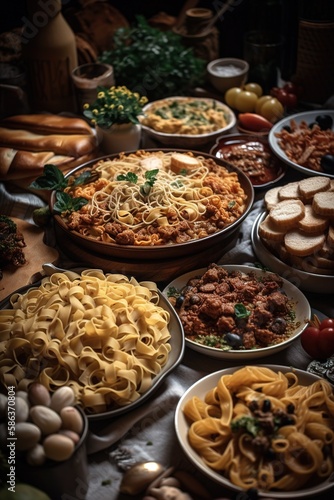 Succulent table full of delicious traditional Italian pasta. Generative AI vertical shot