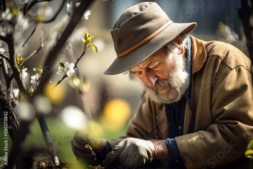 Senior man working in the garden. Generative AI shot