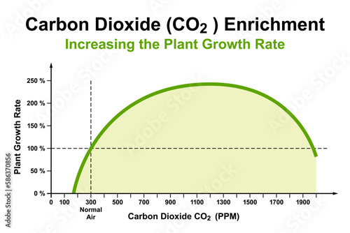 Carbon dioxide (CO2) enrichment to about 1100 parts per million in greenhouse cultivation, to enhance plant growth, known for nearly 100 years. Schematic diagram of carbon fertilization effect. Vector