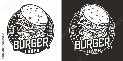 Burger with meat, cheese and vegetable for logo or emblem. American fast food or hamburger for poster. USA food with bun, lettuce, cheese, tomato, onion, cutlet for store