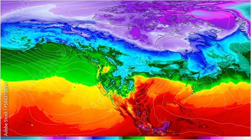Mapa meteorológico de temperatura de América del Norte muestra las temperaturas en diferentes regiones, con temperaturas más cálidas en rojo o naranja y temperaturas más frías en azul o morado. photo