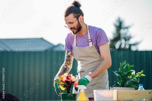 Man transplanting a potted plant while working in a greenhouse or plant nursery photo